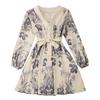 Women's Fashion Vintage Elegant Temperament V-neck Lantern Sleeve Cotton Linen Print Trend Lace-up Dress