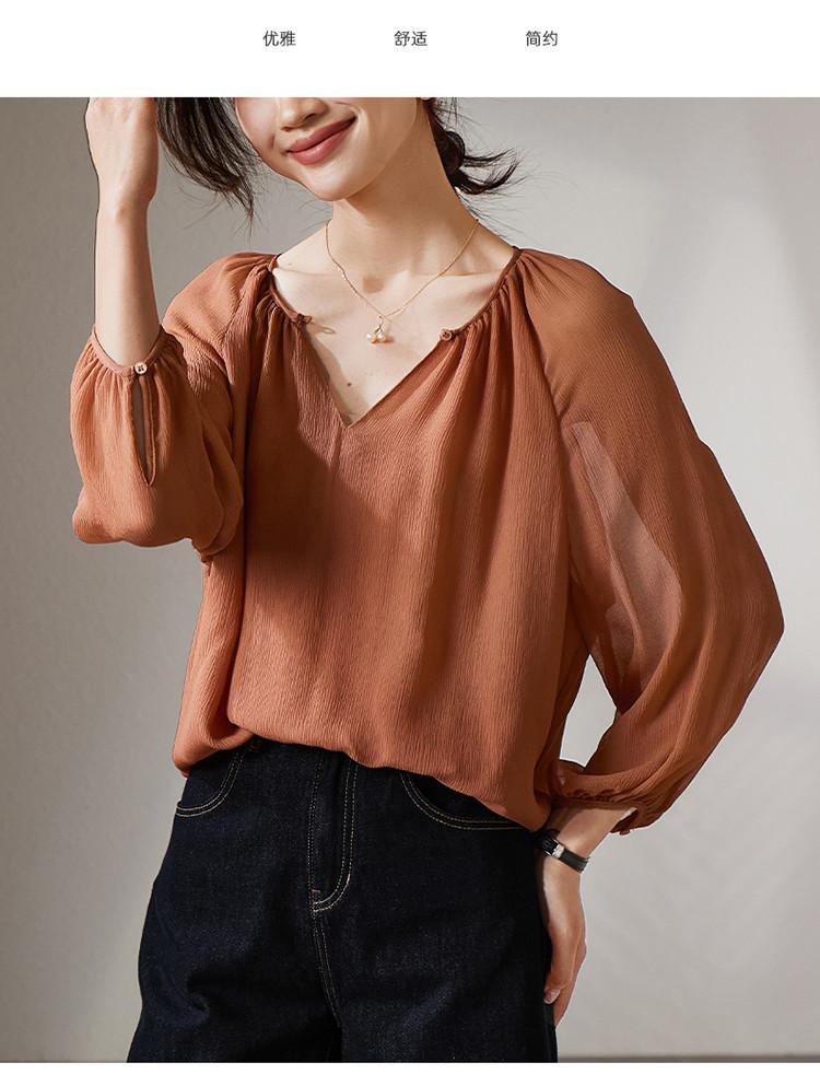 100% mulberry silk round neck seven quarter sleeved shirt for women in summer 2026, thin, loose and versatile silk top