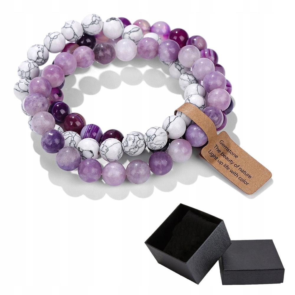 Set of 3 Bracelets 8mm Natural Stone White Howlite Purple Agate Lilac