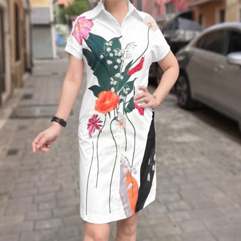 ZANZEA Women Casual Turn Down Collar Short Sleeve Print Shirt Dress