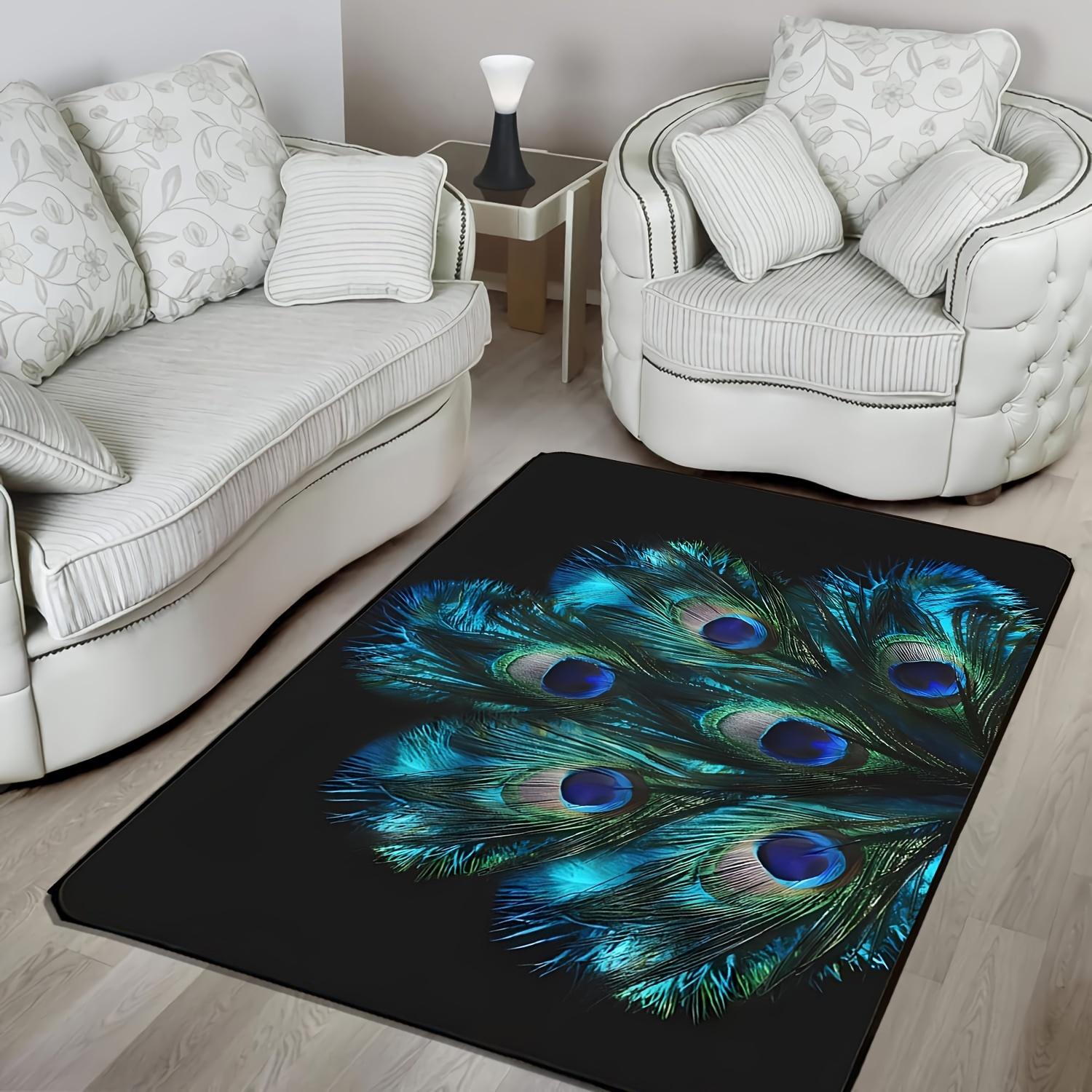 

Peacock Feather Area Rug Teal and Blue Peacock Decor for Living Room Bedroom Kitchen Floor Home Decoration Indoor Outdoor 40x60cm