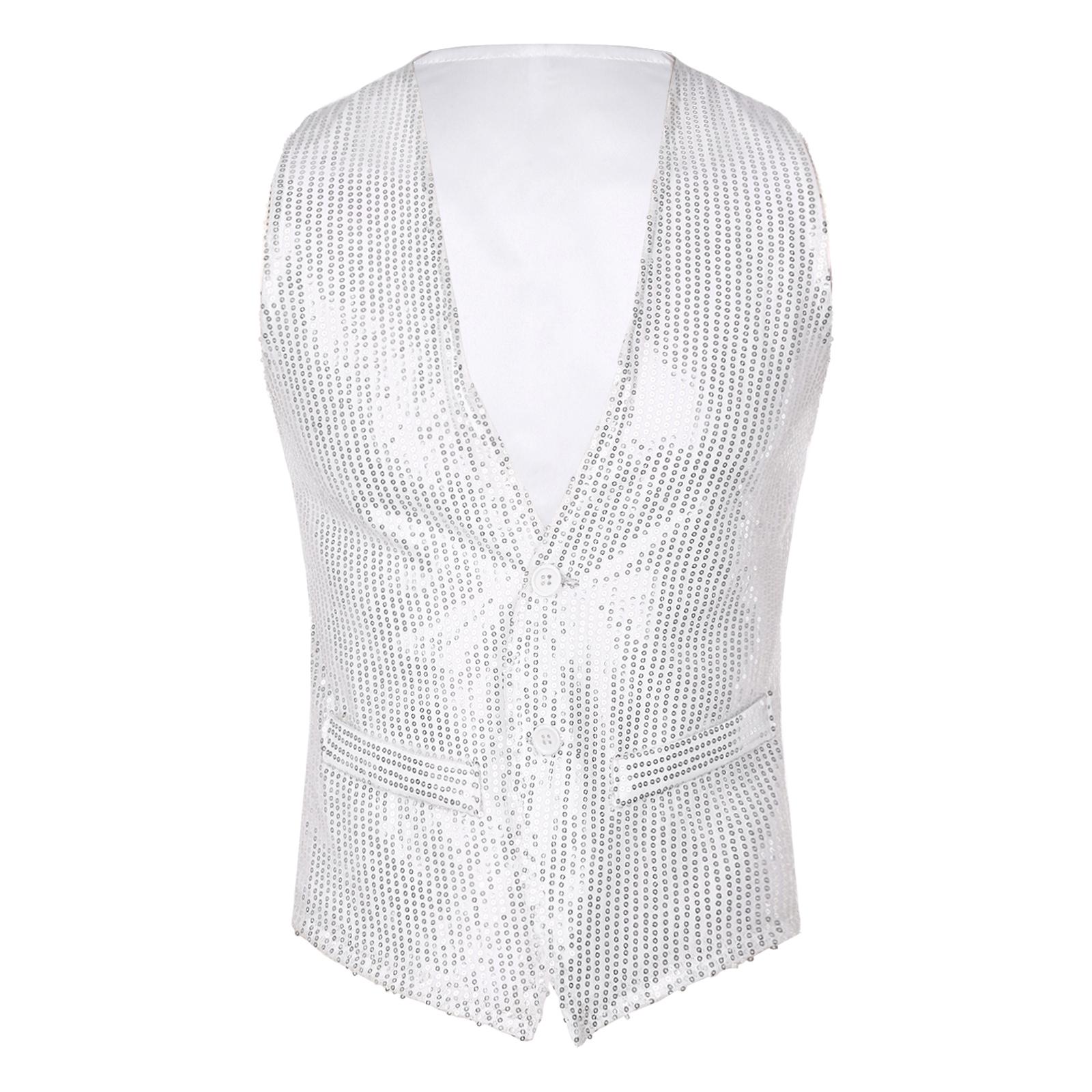

Unisex Adult Shiny Sequin Vest Sleeveless Button Design Waistcoat Jacket for Music Festival M білий