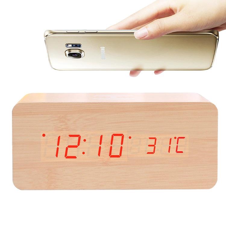 Wireless LED Wood Clock: Digital Alarm with Thermometer, Calendar & Charging Function