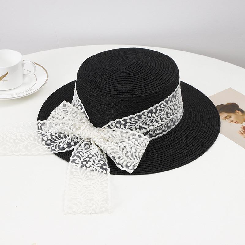 

Butterfly Lace Bow Tie Straw Hat Women Japanese Outdoor Travel Sunshade Sunscreen Wide Brim Gift Hat чорний