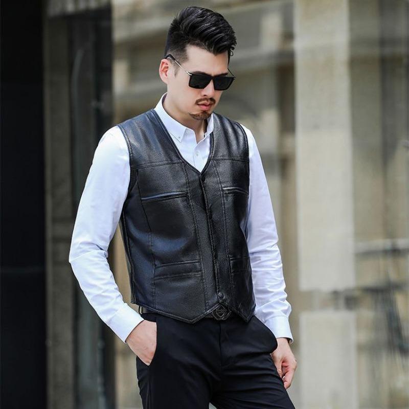 New Men's Loose Leather Vest Korean Slim Horse Clip Sleeveless Casual