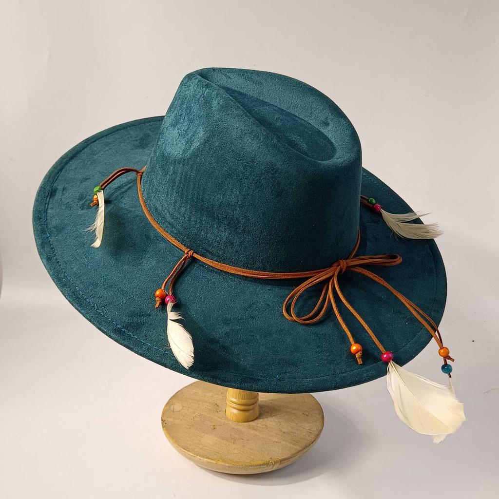 2026Bohemian style suede hat, brim 9.5 cm fedora with feather accessories, classic church hat, wide brim hat, women's hat