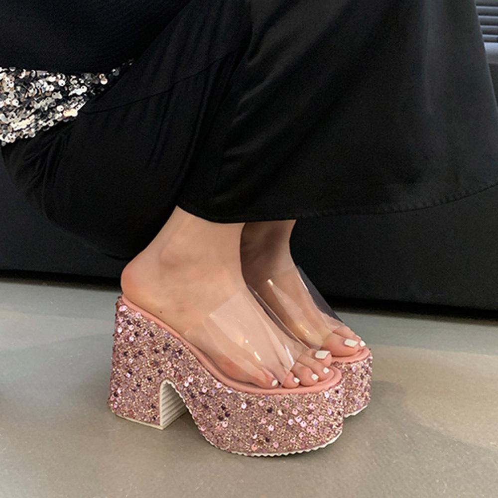 Cool slippers women's high-end outer wear summer thick heel heightened high heel muffin bottom thick-soled slippers