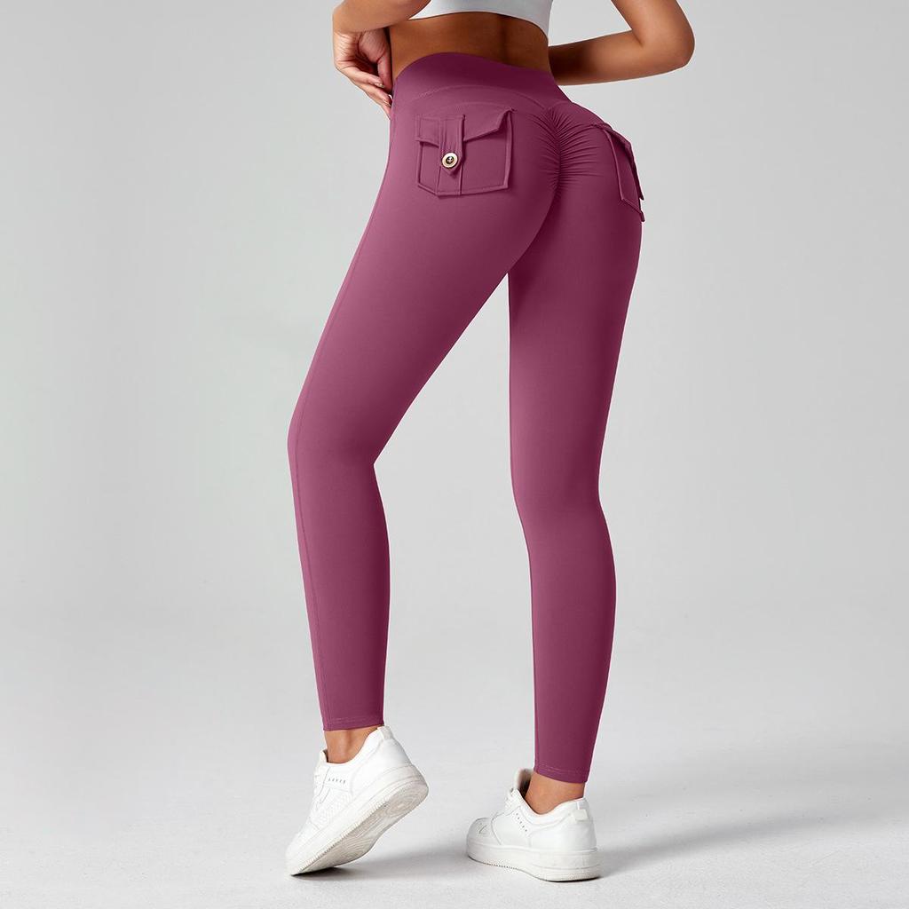 Fitness Leggings With Pocket Sports Yoga Pants Scrunch Buttons Peach Hips Workflow High Waist Running Gym Tights Women