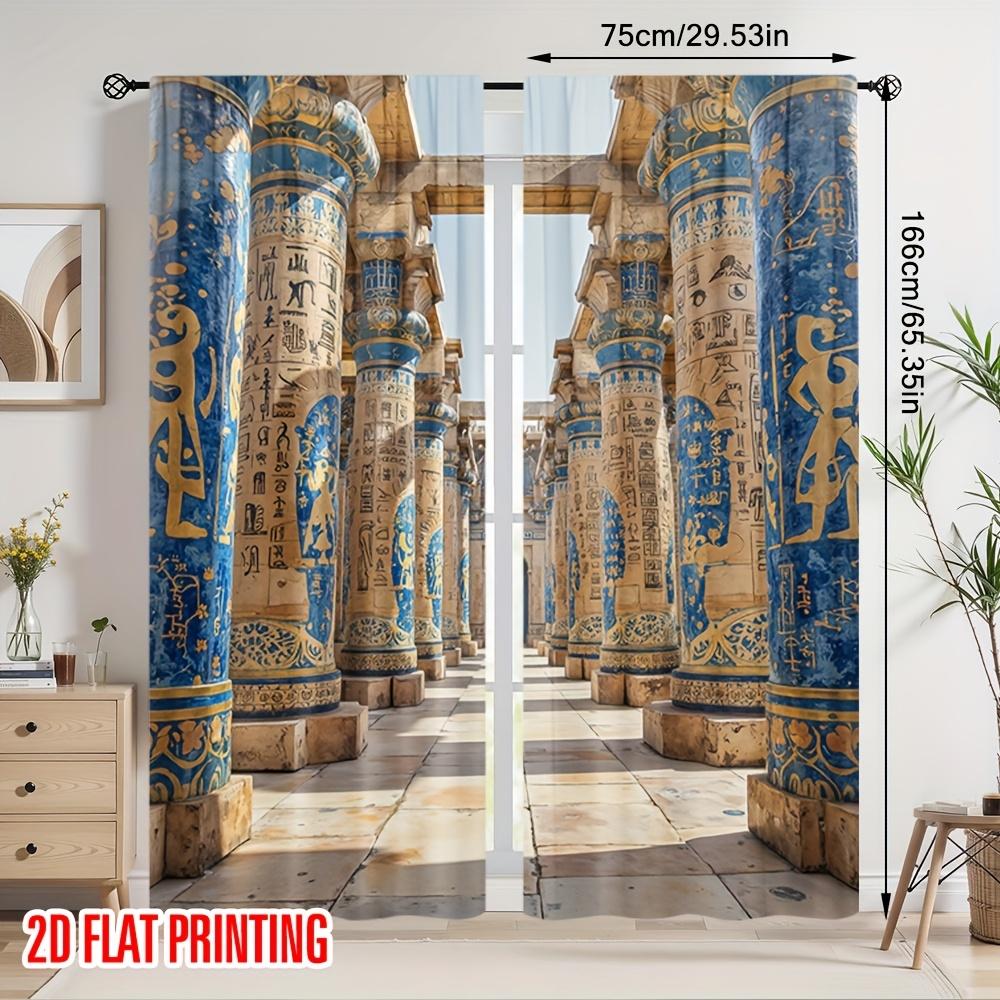 2 Stück Ägyptische Palastvorhänge - 2D Flachdruck   Blau & Goldenes Hieroglyphen-Design   Halbtransparentes Polyester für das Wohnzimmer