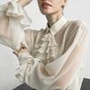 Elegant French Vintage Blouse With Ruffled Sleeves Slim Fit Chiffon Top Women 2026