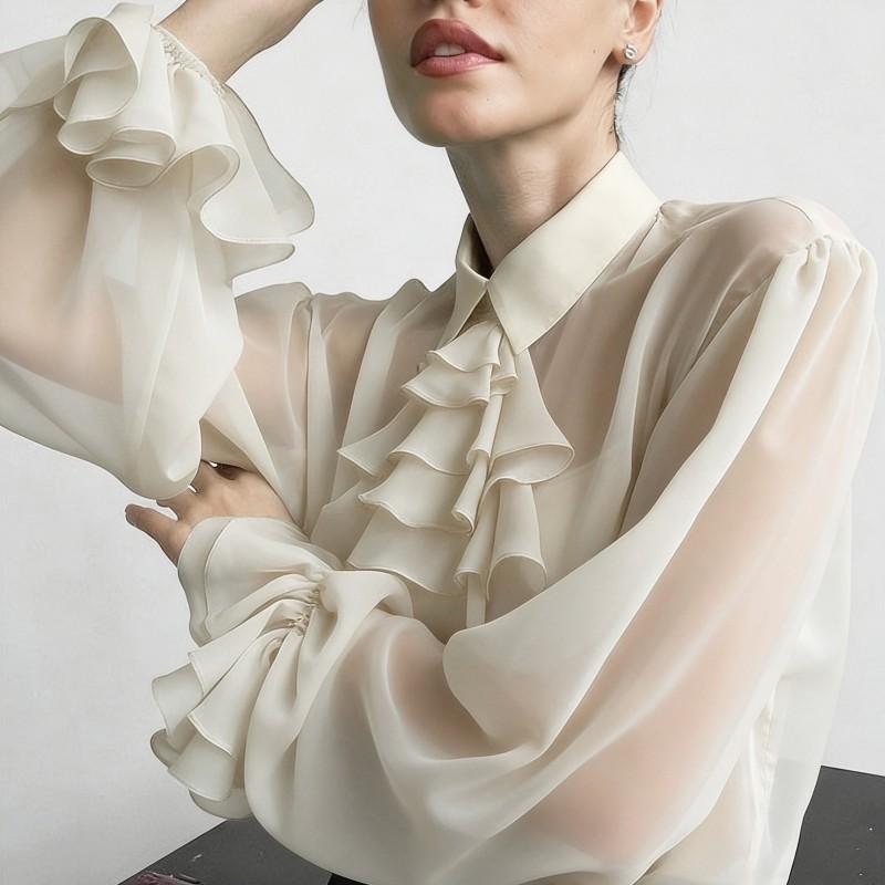 Elegant French Vintage Blouse With Ruffled Sleeves Slim Fit Chiffon Top Women 2026