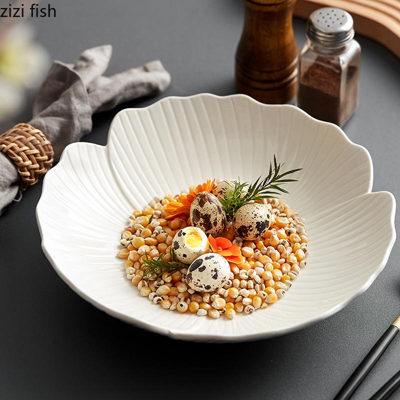 Ceramic Salad Plate Flower Shape Solid Color Tableware Soup Basins Soup Bowl Hotel Restaurant Snack Dessert Tray Vegetable Plate