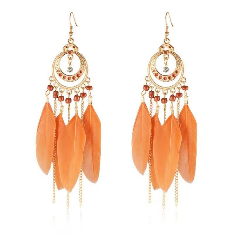 Vintage Bohemian Feather Tassel Earrings Exaggerated Ethnic Vacation Dangle Ear Jewelry Fashion Accessories For Women