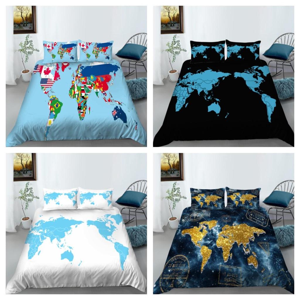 3D Map Pattern Print Bed Cover Bedclothes Three Piece Warm Comfortable Polyester Pillowcase Bedding Cover King Size