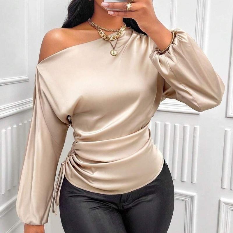 Fashion Elegant Skew Collar Loose Women's Shirts Spring and Summer Long Sleeve Lady Casual Blouses Tops Simple Asymmetric Shirt Female Clothing 26400