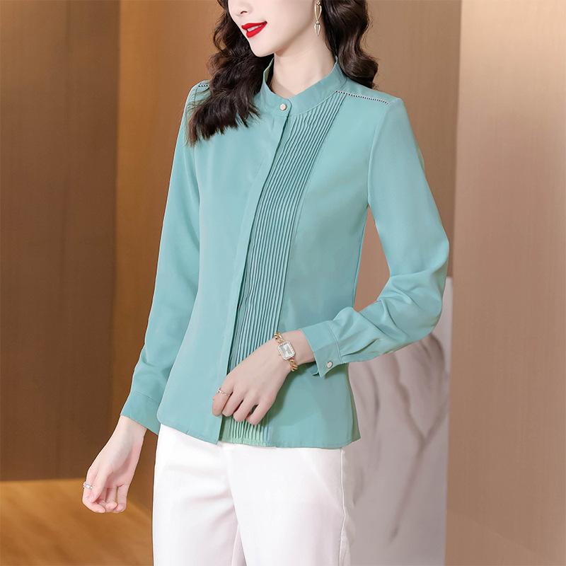 Frühlings- und Herbstsaison Neues Pendler-Stehkragen, plissiert einreihig, vielseitiges langärmeliges Hemd Basisschicht für Damen