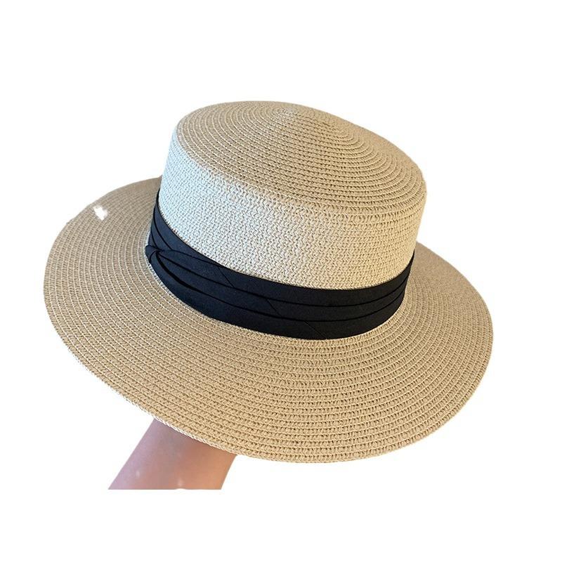 French-style Flat-top Straw Hat for Women, Summer Large Head Circumference Seaside Beach Straw Sun Hat, Sun Protection Hat