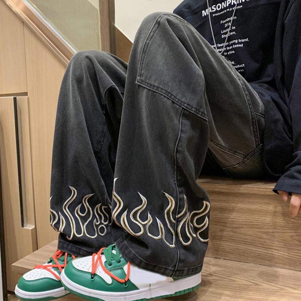 Muži Ležérní Džíny Flame vzor Velké kapsy Dlouhé kalhoty Rovné Široké nohavice High Street Distressing Denim Kalhoty
