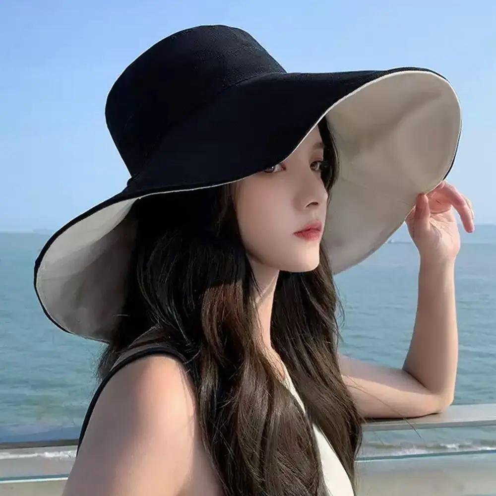 1Pc Summer Big Brim Sun Hat For Female Seaside Sun Protection UV Beach Cap Japanese Wild Fisherman Hat with Windproof Rope Gifts