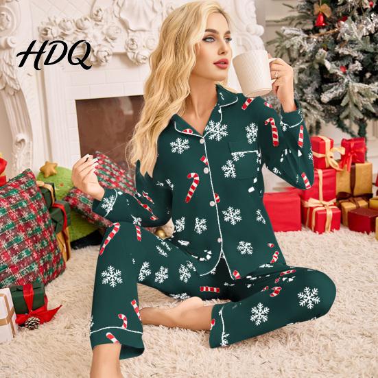 Holiday Women Pajamas Christmas Matching Set Snowflake Print Two Piece Lounge Breathable Loungewear Set Button Down Long Sleeve Top Pants Sleepwear