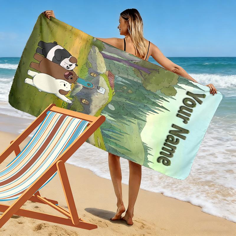 Name Custom We Bare Bears Print Beach Towel, Large Soft Quick Dry Towel for Beach Camping Swimming