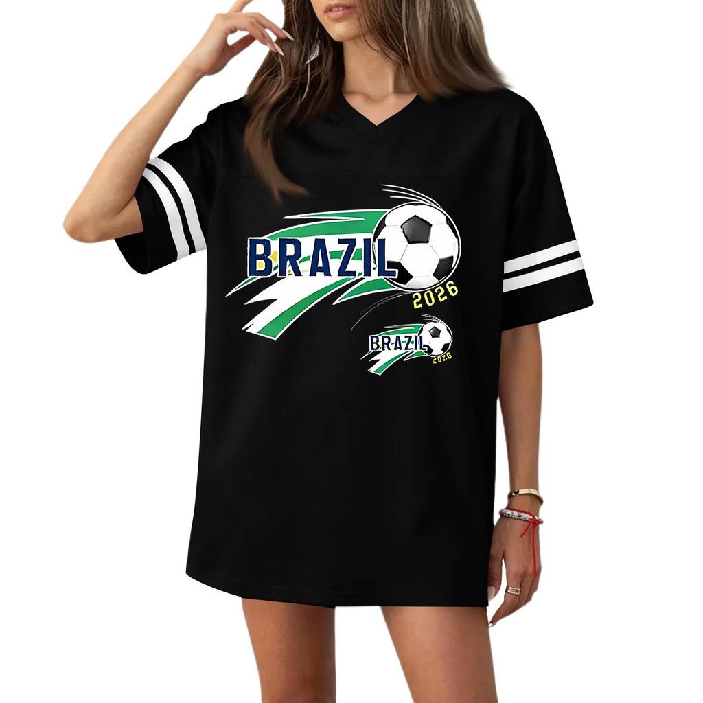 Women V Neck Short Sleeve Casual Soccer Print Top Loose Fit Sports Jersey Style T Shirt Comfortable Lightweight Fabric
