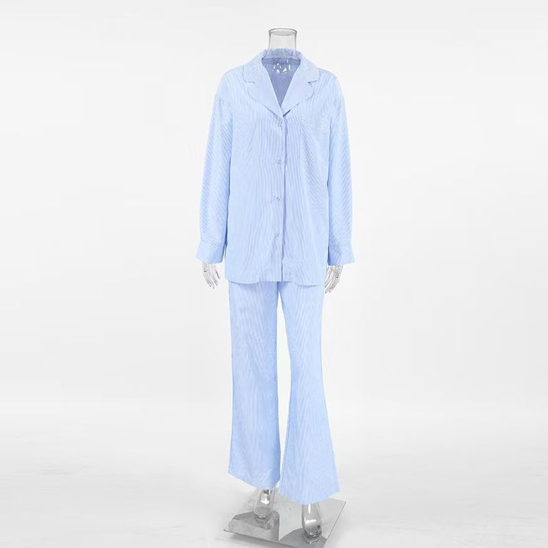 

Fashion Blue Stripes Loose Long Sleeve Top Pants Two-piece Set Striped Top and Pants Set Stripes L