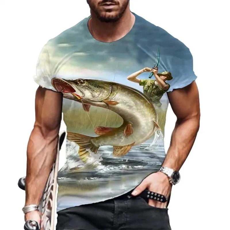 Men's Outdoor Fishing T-shirt, Casual Breathable Top, Short Sleeved, 3D Printed, Sporty and Fashionable Fitness, Large Size, Summer
