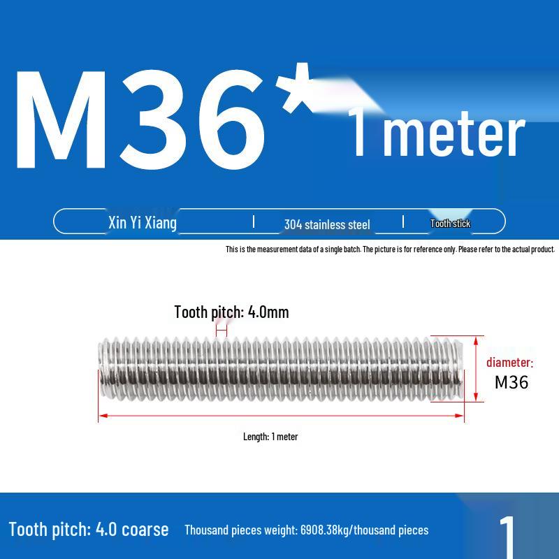 304 Stainless Steel Full Threaded Rod, 1 Meter, available in sizes M3, M6, M8, M10, M12.