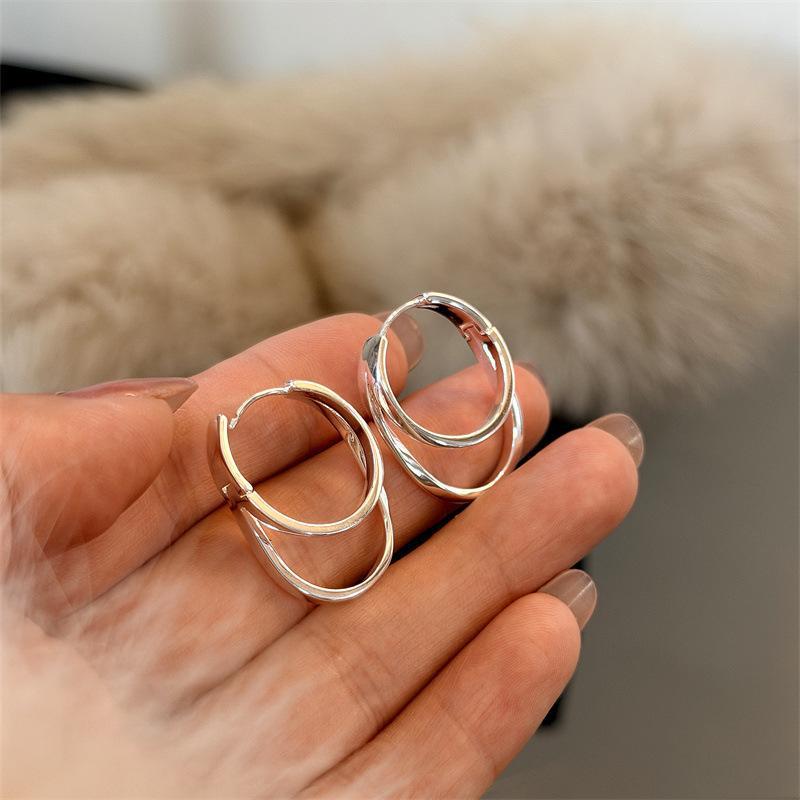 Korean Light Luxury Silver Double-Layer Round Intersecting Versatile Earrings