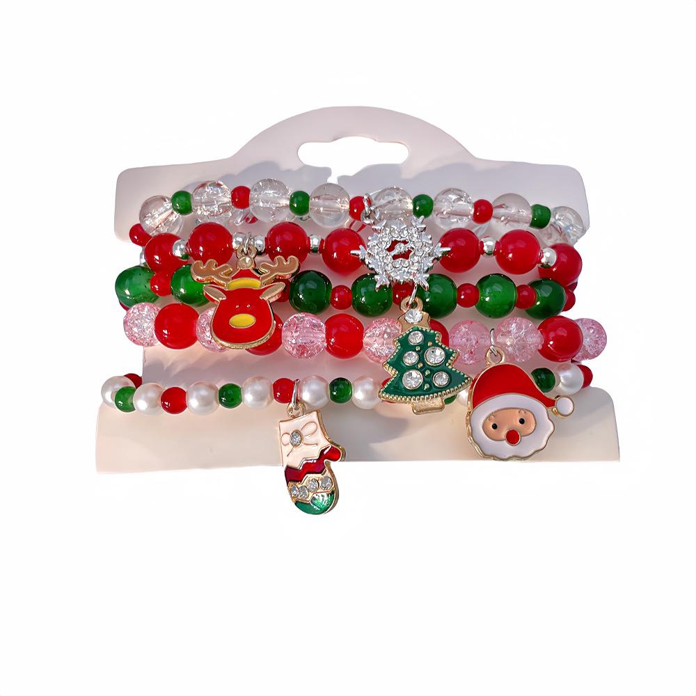 Snowflake & Christmas Tree Beaded Bracelet Set with Cartoon Pendants - Festive Alloy Accessories Gift