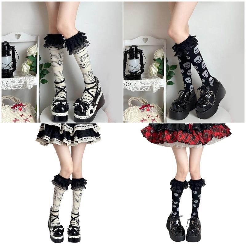 Women Knee Highs Socks Printed Compressions Stockings Lolitas Sweet Lace Ruffle Calf Socks Long Tube Socks Hosiery
