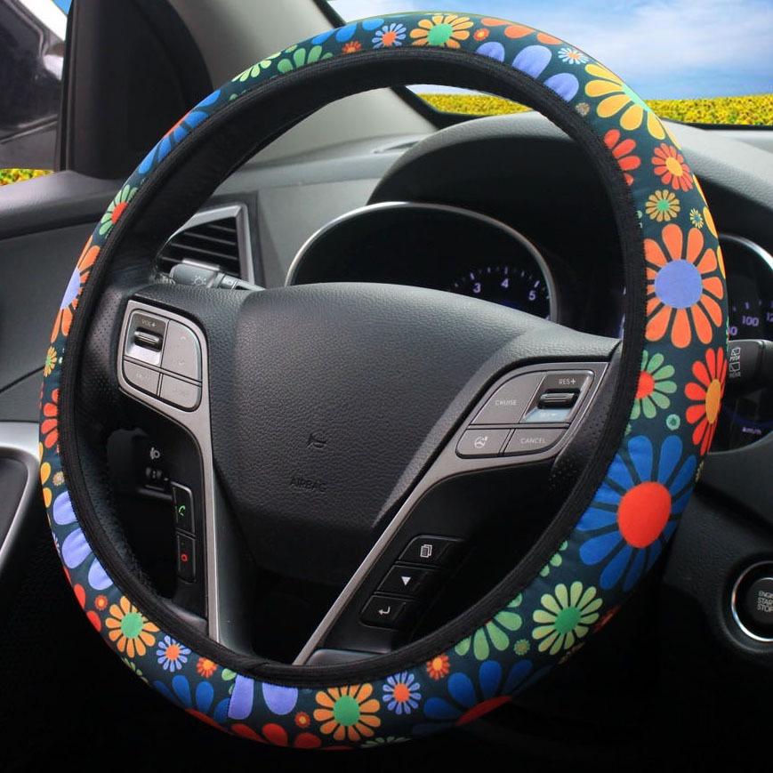 Colorful Sunflowers Car Steering Wheel Cover Elastic Band Water Washed Cloth Handle Car Steering Wheels & Accessories
