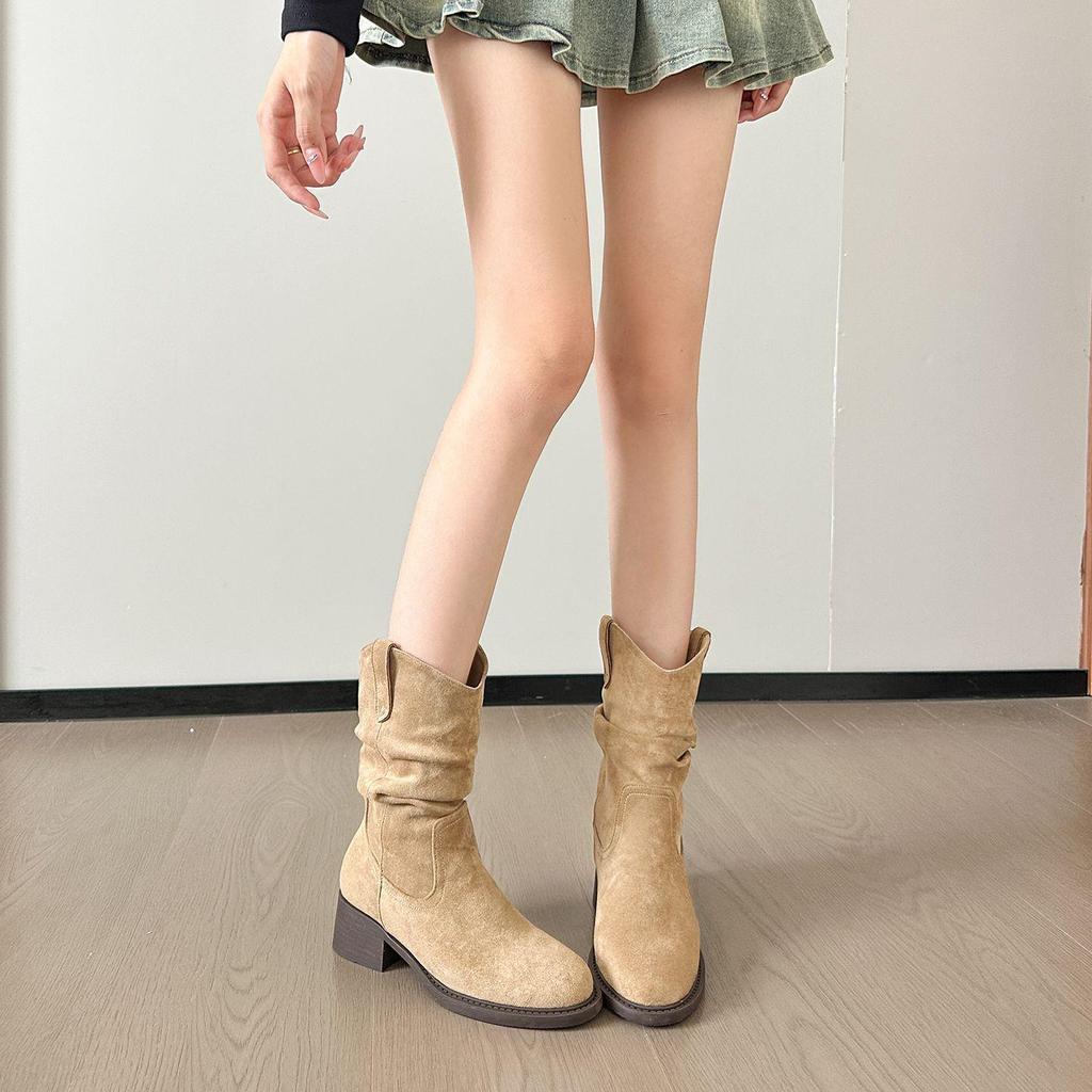 Women's Retro Hidden Heel Suede Mid-Calf Western Boots with Chunky Heel - 2025 Spring & Autumn Collection