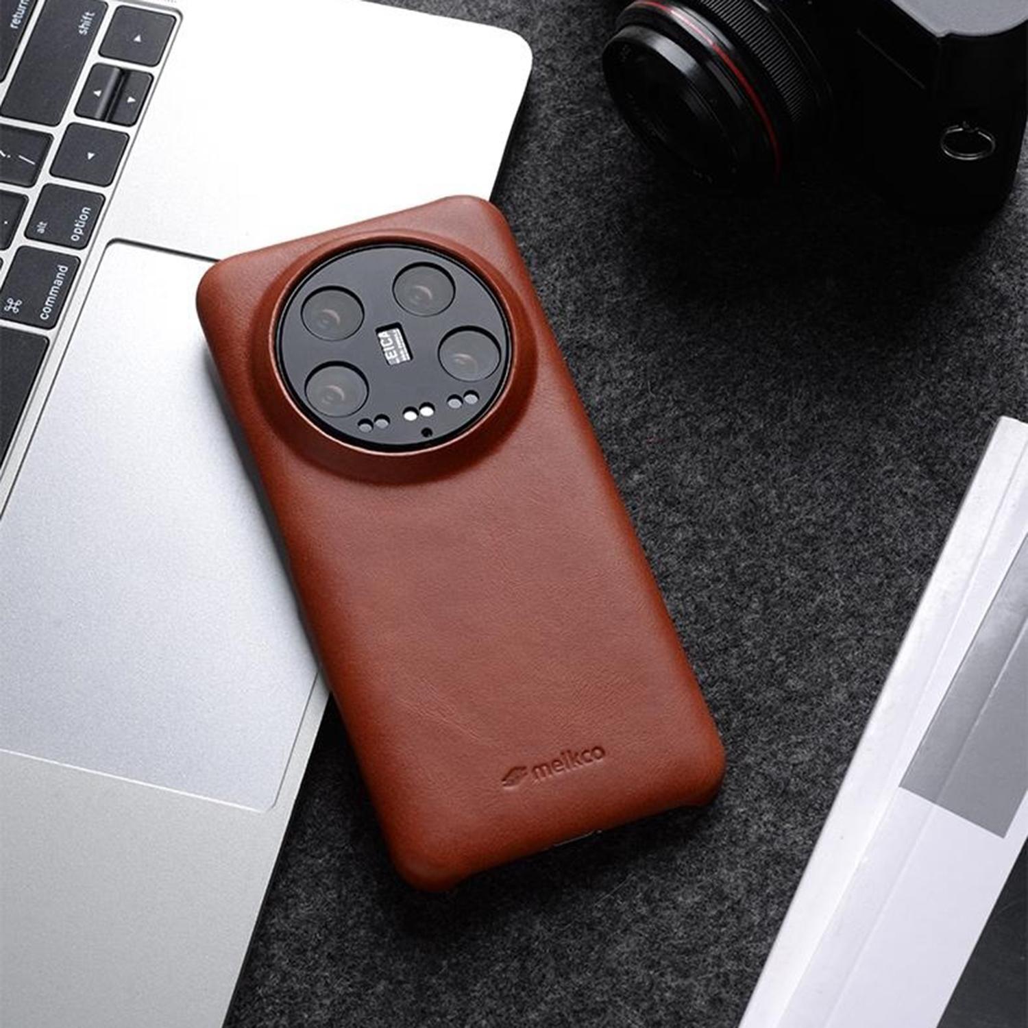 

MELKCO For Xiaomi 14 Ultra Case Waxy Genuine Cow Leather PC Phone Back Cover Brown