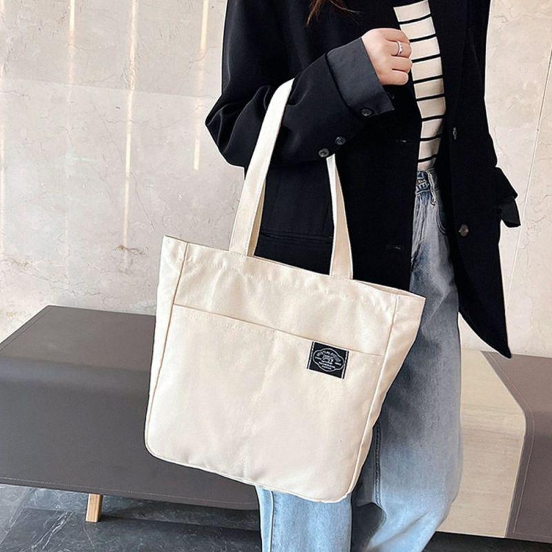 Women Canvas Tote Bag Solid Color Designer Ladies Casual Handbag Shoulder Bag Large Capacity Cotton Reusable Shopping Beach Bag