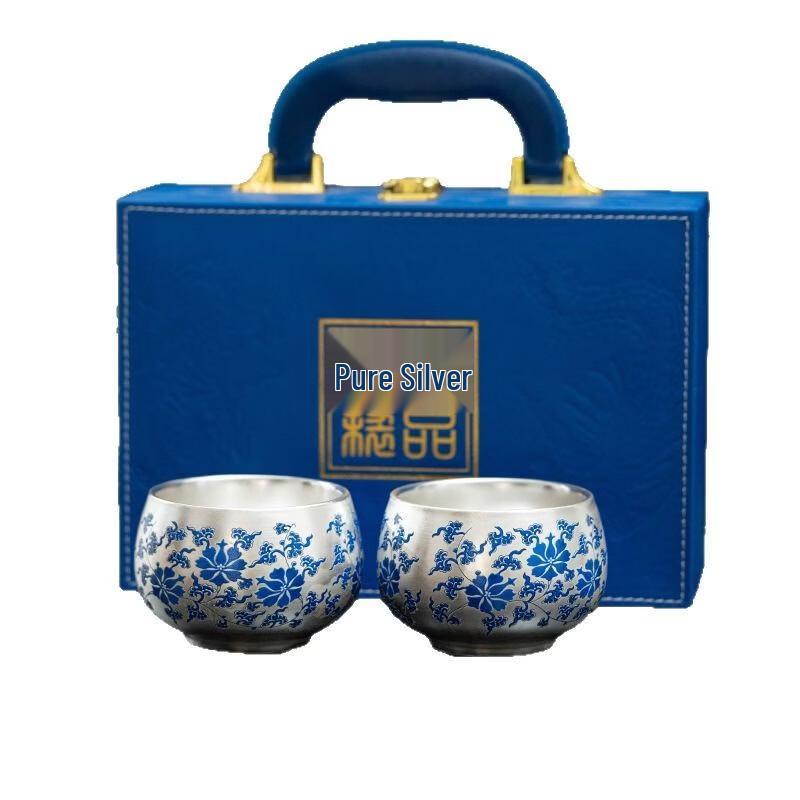 Mantinghua Gilded Silver Blue & White Porcelain Tea Ware