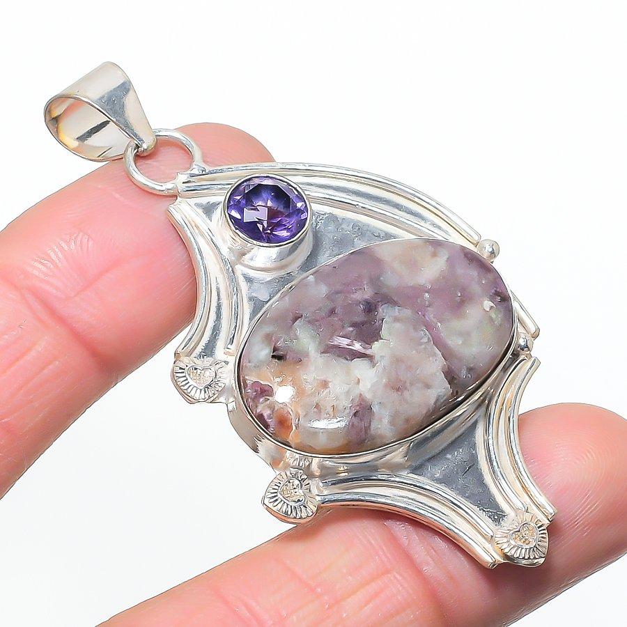 Natural Lepidolite, Amethyst 925 Sterling Silver Jewelry Pendant 2.64 AP-14585