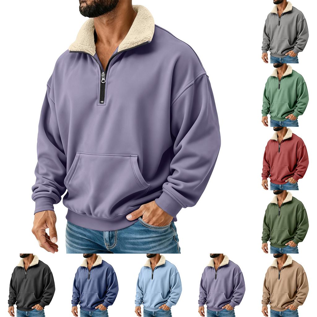 Men's Solid Color Half-Zip Stand Collar Plush Sweatshirt Men's Sports Plus Size Casual Sweatshirt
