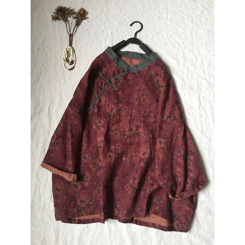 

2025 Autumn Floral Linen Oblique Lapel Retro Frog Button Short Jacket Double Extra Large фіолетовий/червоний