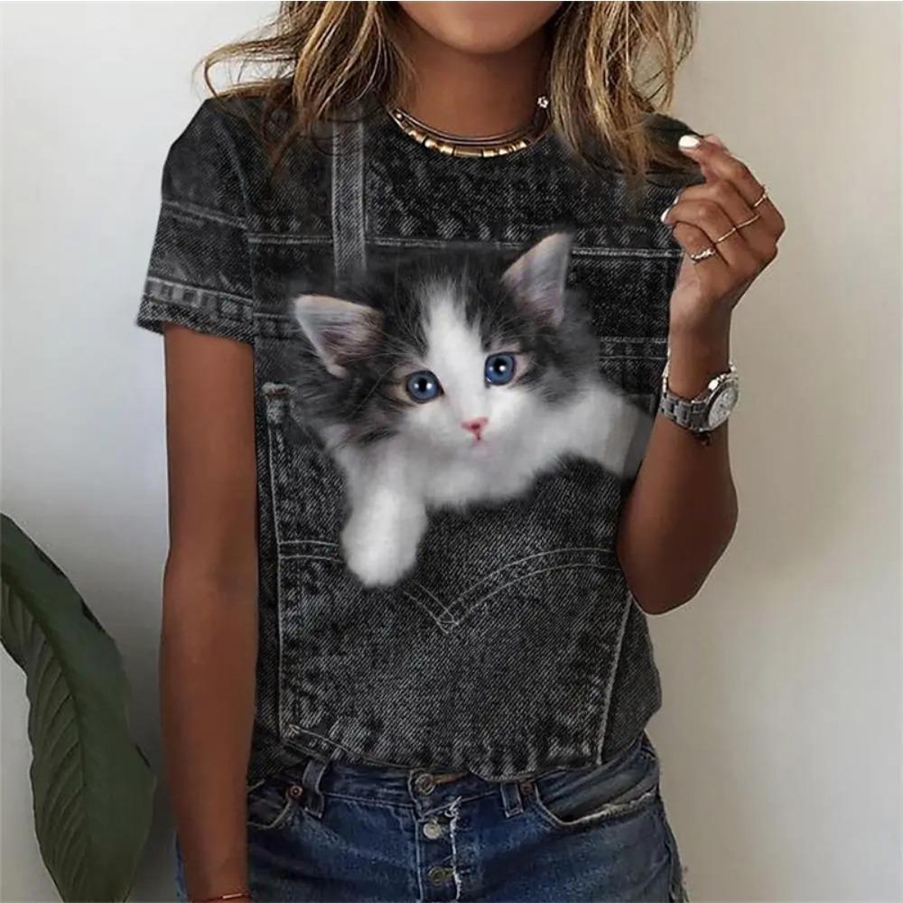Kawaii Cat T Shirt For Women Summer O Neck Short Sleeve Top Harajuku Kitten Printed Women's T-Shirt Fashion New Female Clothes