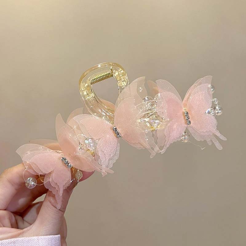 Korean Mesh Flower Rhinestone Butterfly Claw Women Girls Large New High-Grade Sweet Hairpin Back Head Clip Headdress Shark Clip