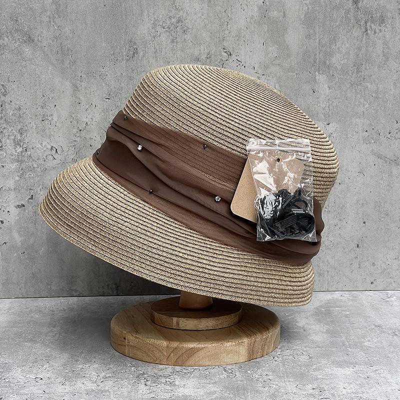 Elegantní Organza Kamínky Jemná Slámová Vazba Přední Dlouhá Zadní Krátká Slámový Klobouk Dámský Letní Skládací Malý Okraj Ochranný Klobouk Klobouk