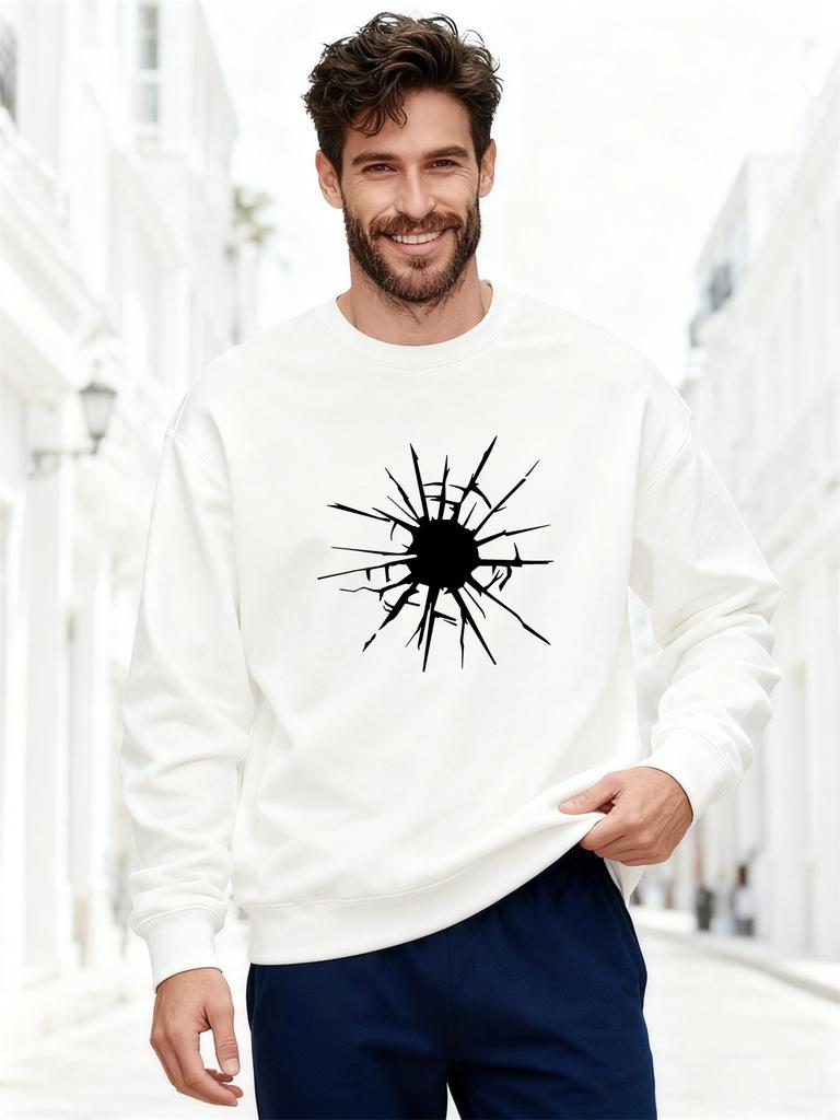 Men'S White Rayon Pattern Casual Round Neck Sweatshirt, 100% Cotton Printed Long-Sleeve Crew Neck Pullover Plus Size