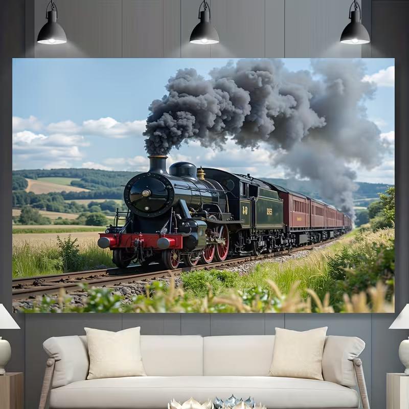 Vintage Steam Train Backdrop, Countryside Railroad Photography Background