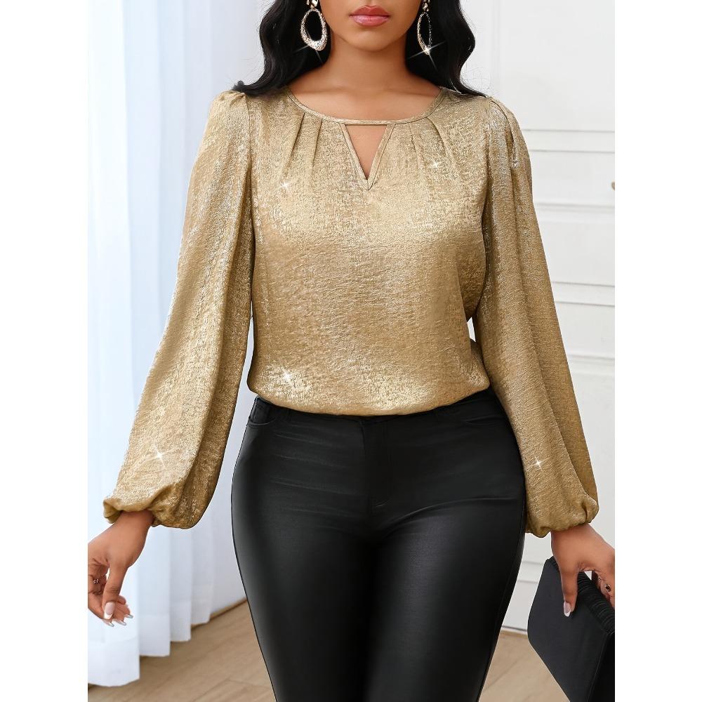 Elegantní směrová dámská metalická zlatá halenka - Lopatkový výstřih, lucernový rukáv, top s dlouhým rukávem, pro čtyři roční období, pro svatebního hosta a do práce