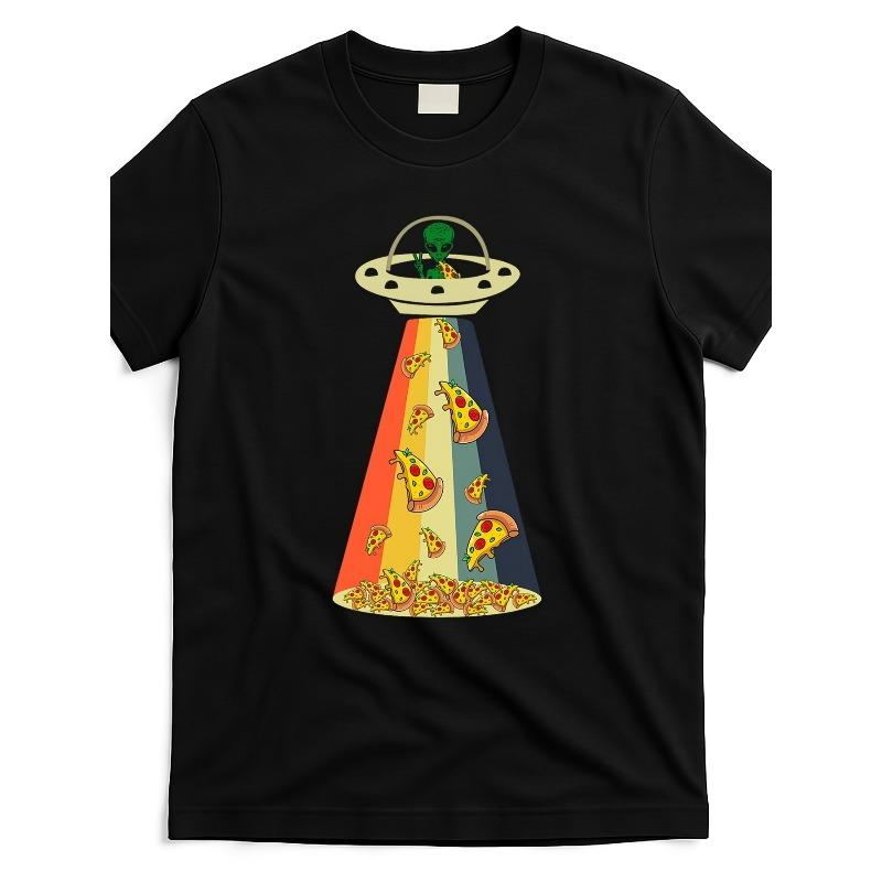 

European sizes Men S Funny Pizza UFO Alien Graphic T-Shirt - Retro Style Design with Pizza Slice Casual Vintage Tees For Men 4XL чорний
