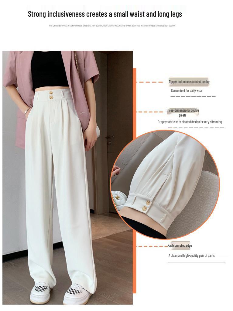 Women's 2025 Spring/Summer High-Waisted White Drape Slimming Wide-Leg Floor-Length Pants