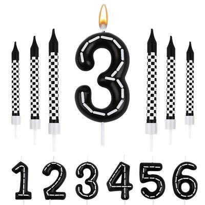 7 Peças/conjunto Velas de Aniversário com Números de Carros de Corrida Tema Xadrez Preto e Branco Topper para Bolo Festa de Aniversário para Crianças Meninos Decoração Lembrancinhas