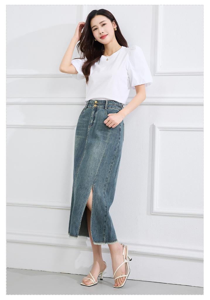 Summer High-Waisted Age-Reducing Mid-Length Denim Skirt